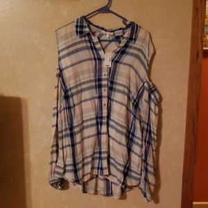 Cold shoulder plaid button up shirt